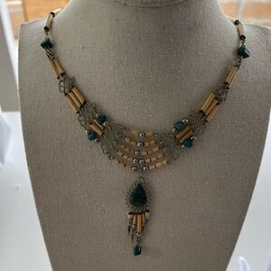 VINTAGE NECKLACE DARK EMERALD COLORED STONES ANTIQUE Southwestern Boho Handmade